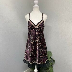 Y2K APT 9 PURPLE BLACK PAISLEY PRINT SLIP DRESS SHEER RUFFLE HEM GRUNGE FEMME
